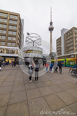 February 05, 2020: View of the Television Tower Fernsehturm in Berlin from Alexander Platz. The famous TV towe Editorial Stock Photo